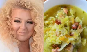 Magda Gessler z burzą blond loków obok miski pysznego kapuśniaku z kiełbasą i boczkiem.