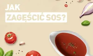 Jak zagęścić sos? Na tle składników: pomidory, bazylia, czosnek, cebula, papryczka chili, pieprz. Sos w sosjerce.