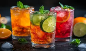 Trzy kolorowe drinki z lodem, miętą i owocami cytrusowymi na ciemnym tle.