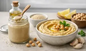 Pyszny hummus z ciecierzycą i natką, obok słoik tahini co to za pasta? Składniki do hummusu: oliwa, cytryna, czosnek.