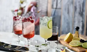 Trzy orzeźwiające drinki z malinami i limonką, ozdobione owocami i lodem.