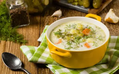 Zupa ogórkowa z koperkiem, ziemniakami i marchewką. Idealne jakie przyprawy do zupy ogórkowej? Koperek, pieprz, czosnek.
