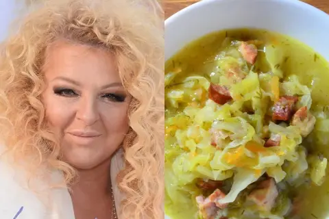 Magda Gessler z burzą blond loków obok miski pysznego kapuśniaku z kiełbasą i boczkiem.