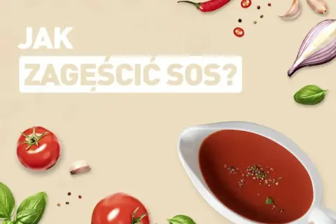 Jak zagęścić sos? Na tle składników: pomidory, bazylia, czosnek, cebula, papryczka chili, pieprz. Sos w sosjerce.