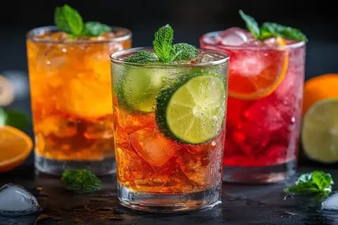 Trzy kolorowe drinki z lodem, miętą i owocami cytrusowymi na ciemnym tle.