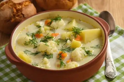 Kremowa zupa z kalafiora i ziemniaków, posypana koperkiem. Idealna na chłodne dni, jedna z tych dobrych zup domowych.