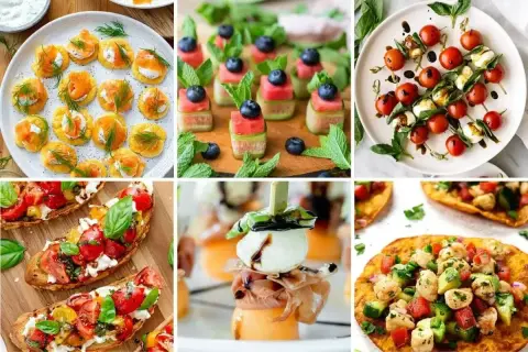 Kolorowe przekąski na grilla: mini tartinki z łososiem, szaszłyki z arbuzem i borówkami, caprese na patyczkach, bruschetty z pomidorami i mozzarellą, melon z prosciutto i mozzarellą, mini quesadillas.