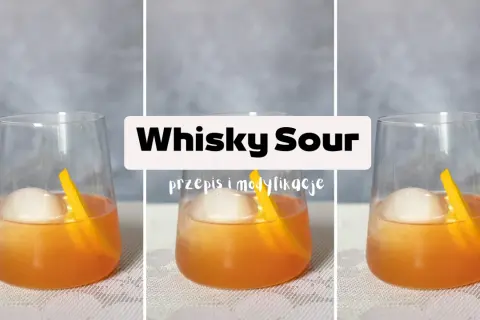 Trzy identyczne drinki Whisky Sour z lodem i plasterkiem pomarańczy.