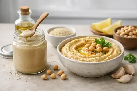 Pyszny hummus z ciecierzycą i natką, obok słoik tahini co to za pasta? Składniki do hummusu: oliwa, cytryna, czosnek.