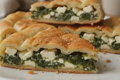 Pyszny borek ze szpinakiem i fetą, posypany sezamem, na białym talerzu.