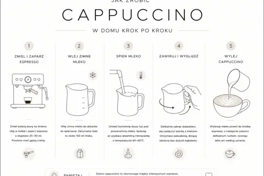 Instrukcja krok po kroku, jak zrobić idealne cappuccino. Zaparz espresso, spień mleko i stwórz piękne latte art.