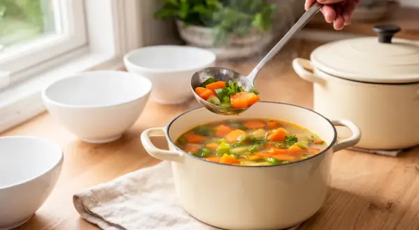 Gorąca, tradycyjna zupa jarzynowa z marchewką i zielonymi warzywami, nabierana chochlą z kremowego garnka.