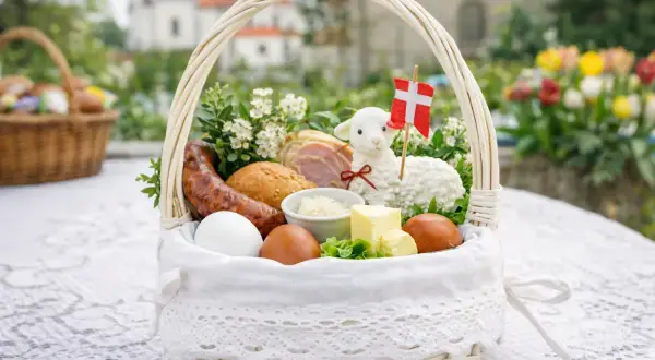 W koszyczku wielkanocnym znajdziemy jajka, kiełbasę, chleb, masło, baranka i chrzan.