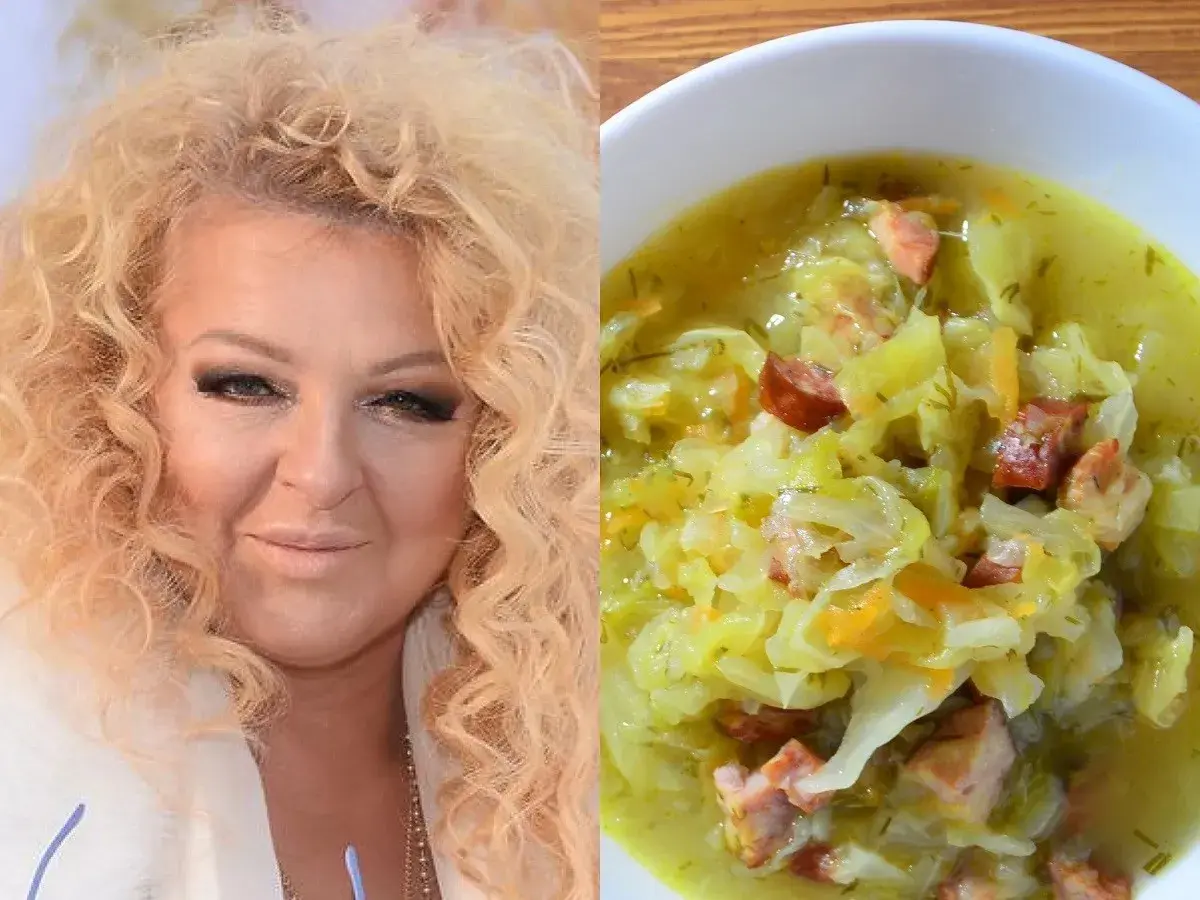 Magda Gessler z burzą blond loków obok miski pysznego kapuśniaku z kiełbasą i boczkiem.