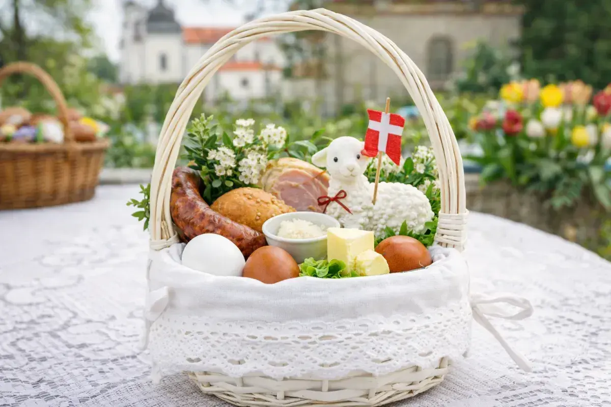 W koszyczku wielkanocnym znajdziemy jajka, kiełbasę, chleb, masło, baranka i chrzan.