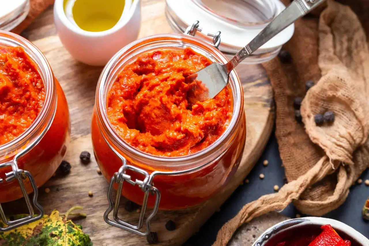 Słoiki z ajwarem, pysznym, pikantnym smarowidłem z papryki. Idealne do kanapek i jako dodatek do dań. Ajvar co to? To bałkański przysmak!