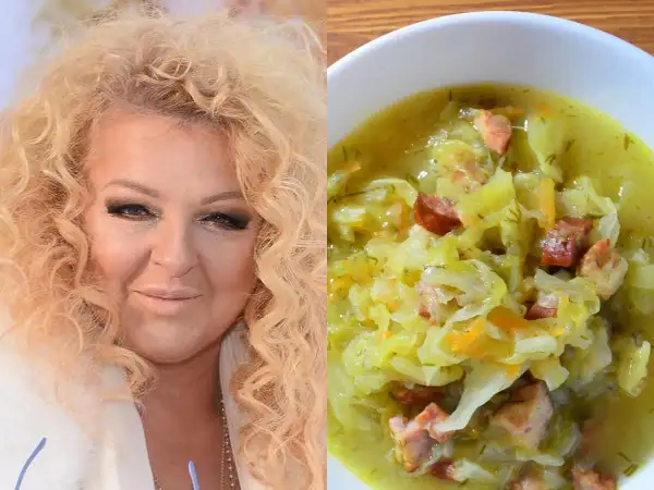 Magda Gessler z burzą blond loków obok miski pysznego kapuśniaku z kiełbasą i boczkiem.