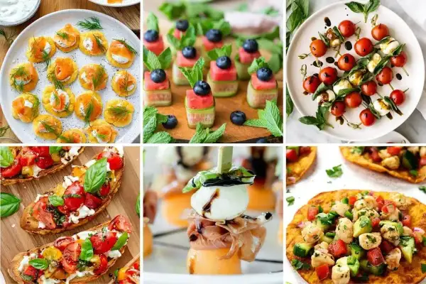 Kolorowe przekąski na grilla: mini tartinki z łososiem, szaszłyki z arbuzem i borówkami, caprese na patyczkach, bruschetty z pomidorami i mozzarellą, melon z prosciutto i mozzarellą, mini quesadillas.
