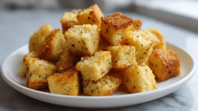 Chrupiące grzanki z airfryer, przyprawione ziołami, ułożone na białym talerzyku. Idealne do zup i sałatek.