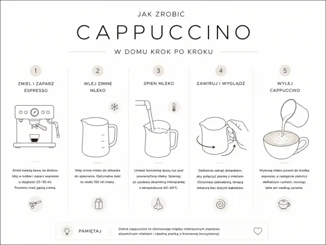 Instrukcja krok po kroku, jak zrobić idealne cappuccino. Zaparz espresso, spień mleko i stwórz piękne latte art.